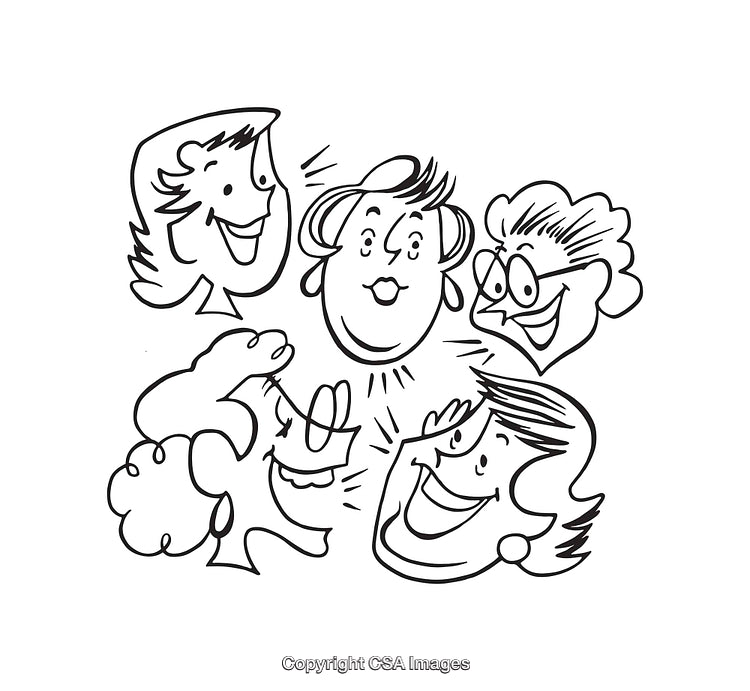 Black and White Line Art of Cheerful Faces in a Group Setting