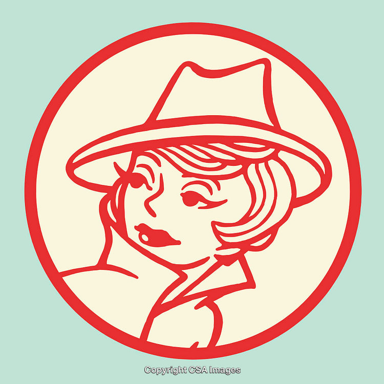 Retro Line Art Woman Illustration with Hat in Vibrant Color Palette