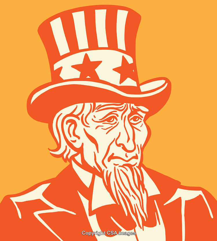 Patriotic Illustration of Uncle Sam in Red, Orange, and White Tones