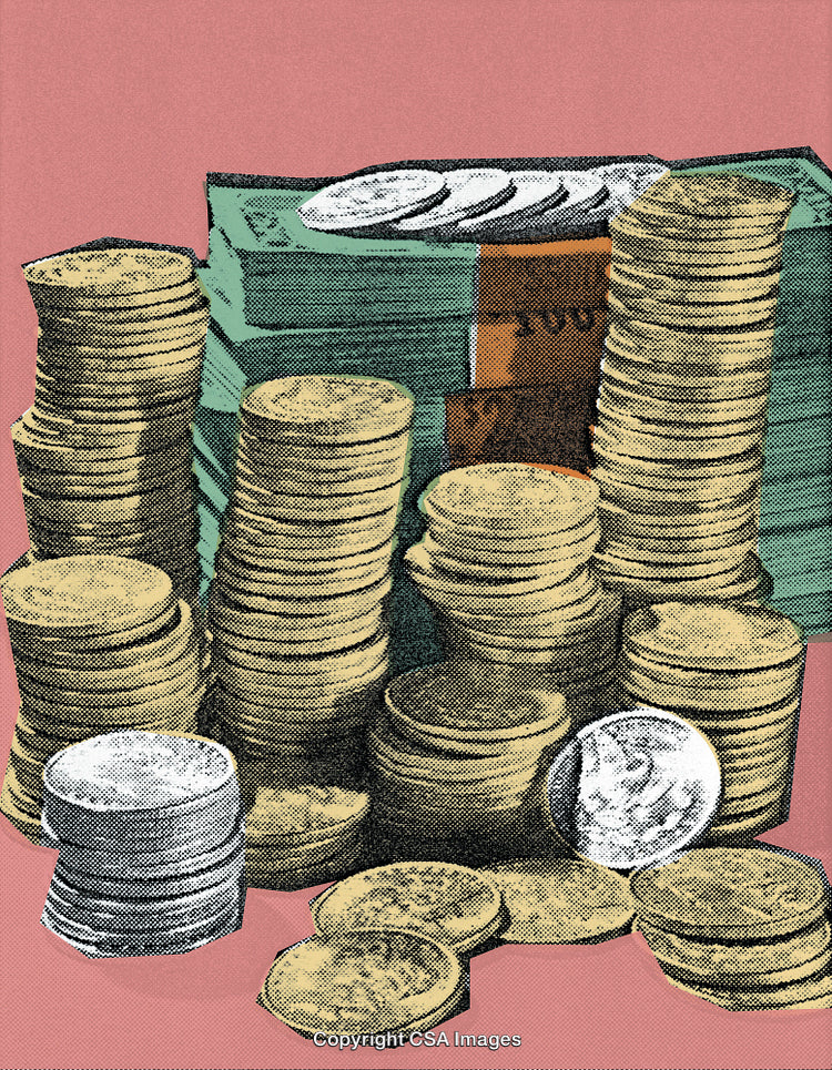 Stacks of Coins and Bills in Retro Printed Dot Style