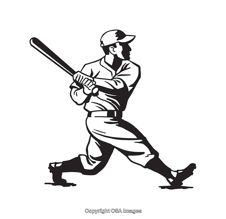 Black and White Line Illustration of a Baseball Player Swinging a Bat