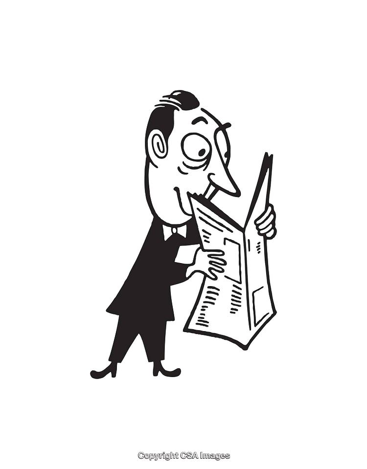 Black And White Illustration of Man Reading a Newspaper in Stylized Style