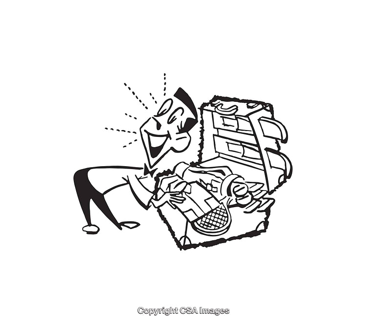 Black And White Cartoon Illustration of a Man Finding Treasure