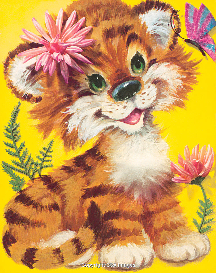 Adorable Cartoon Tiger Cub With Flowers and Butterfly on Bright Yellow Background