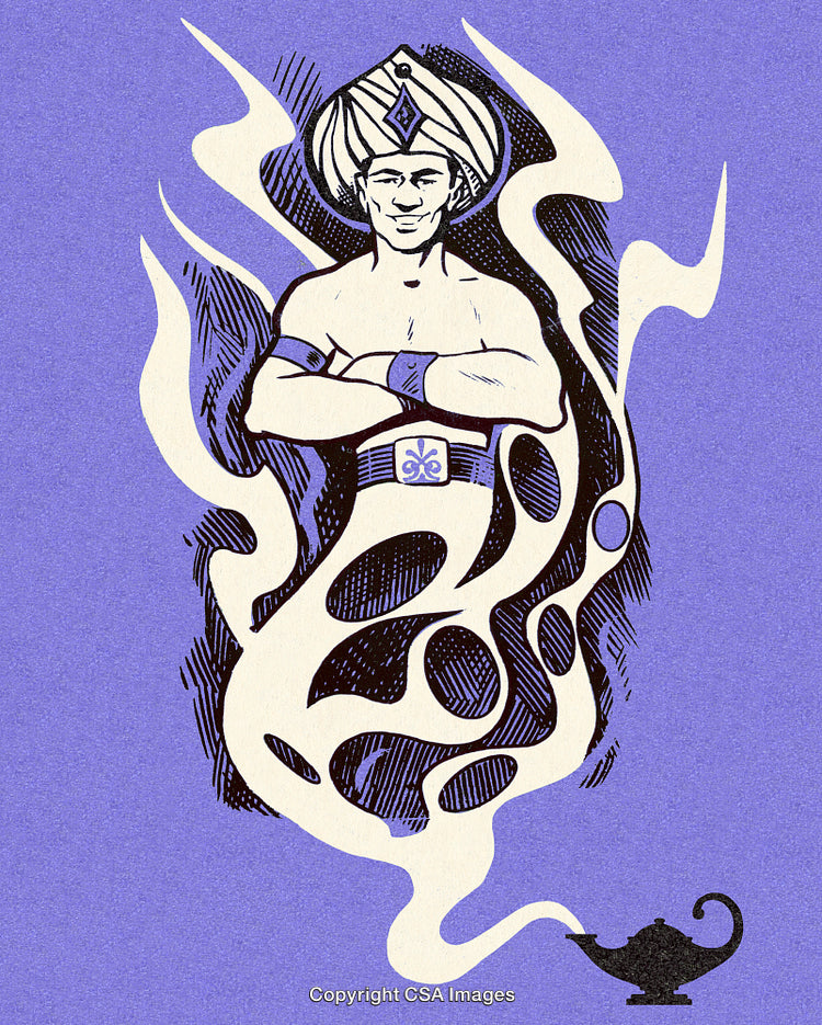 Illustration of a Genie Emerging from a Lamp with Billowing Smoke