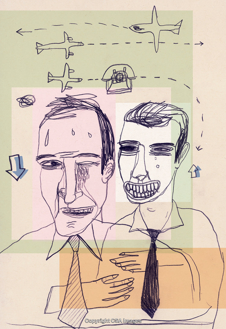 Abstract Illustration of Two Men with Airplanes and Thoughtful Expressions