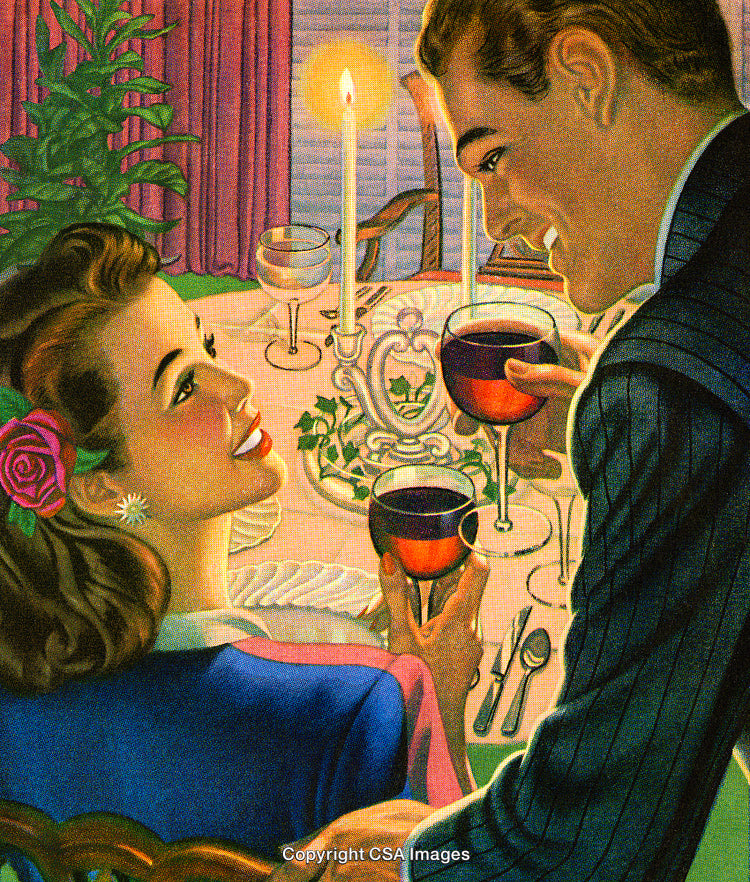 Romantic Candlelit Dinner with Wine in Retro Style Artwork
