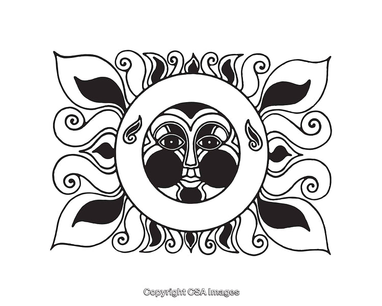 Decorative Black and White Line Art Illustration of a Sun With Face