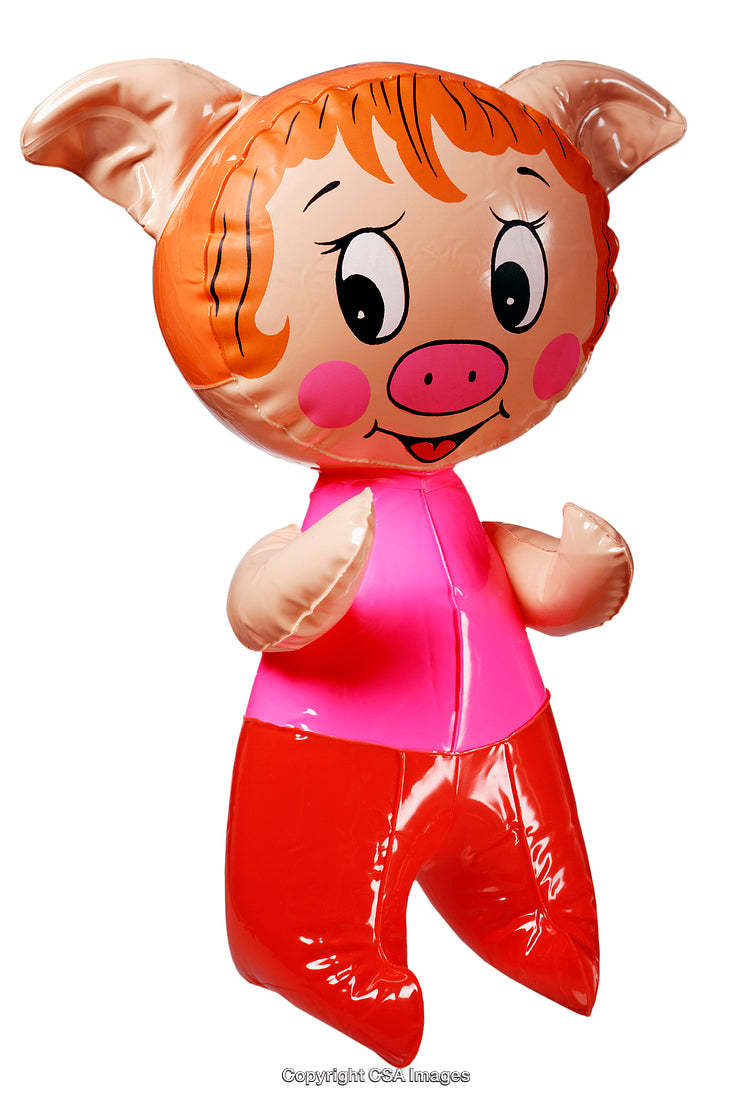 Brightly Colored Inflatable Pig Toy Character with a Smiling Expression