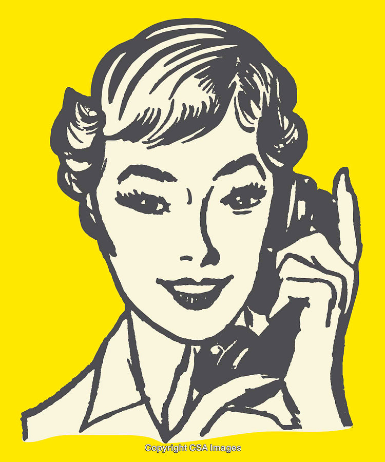 Retro Style Line Art Illustration Featuring a Woman on a Telephone