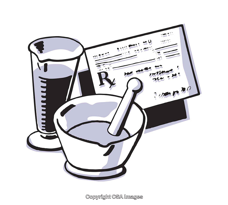 Illustrated Pharmacy Tools with Prescription Pad on White Background