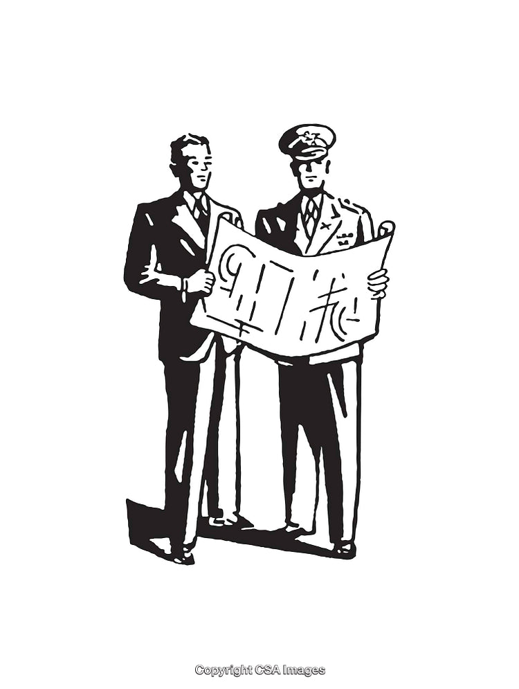 Black and White Line Art of Two Men Examining a Document
