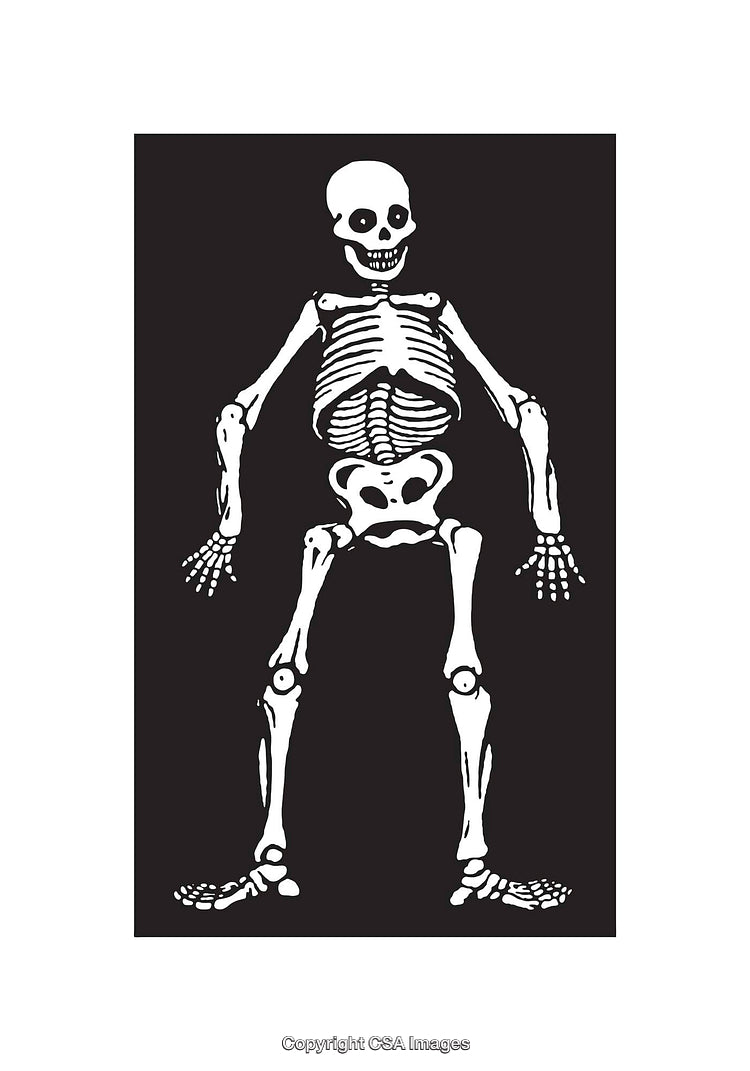 Black and White Line Art Skeleton Illustration on Dark Background