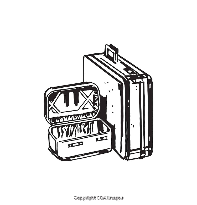 Retro Black and White Line Art of Suitcase and Container