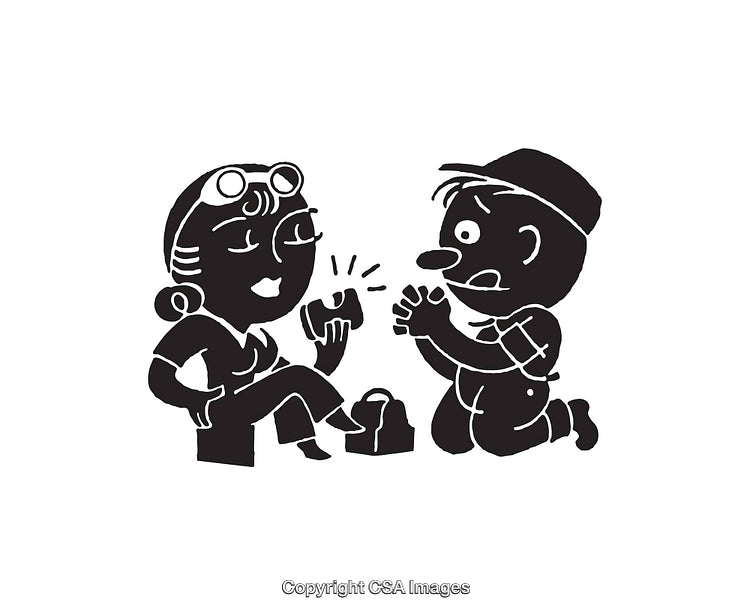 Retro Black and White Illustration of Humorous Interaction Between Two Characters