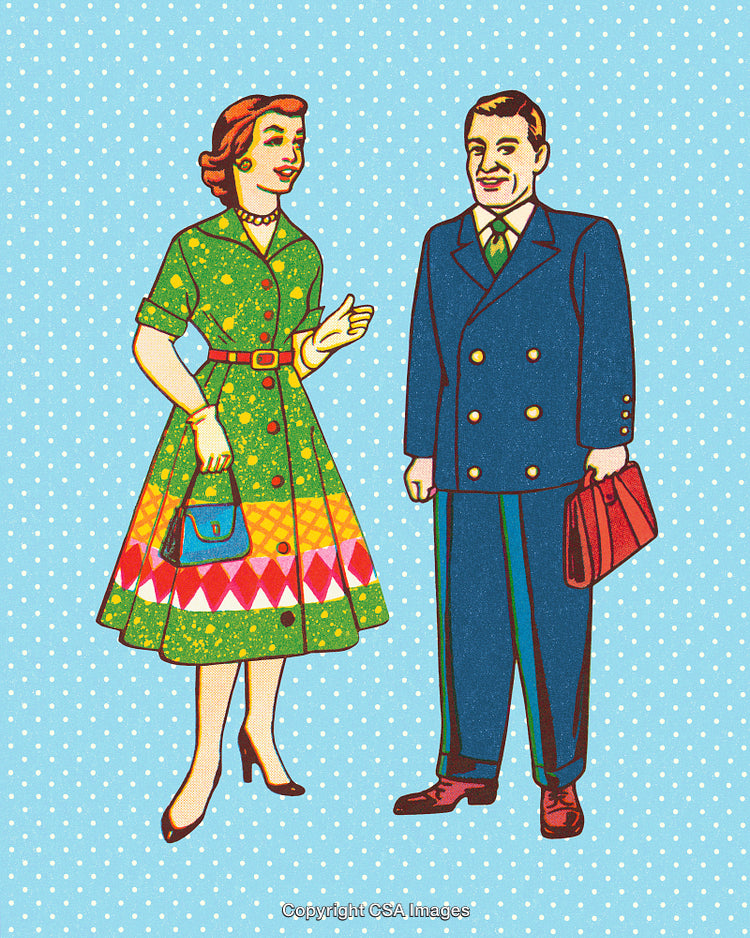 Retro Illustration of Man and Woman in Colorful Fashion Talking on Polka Dot Background