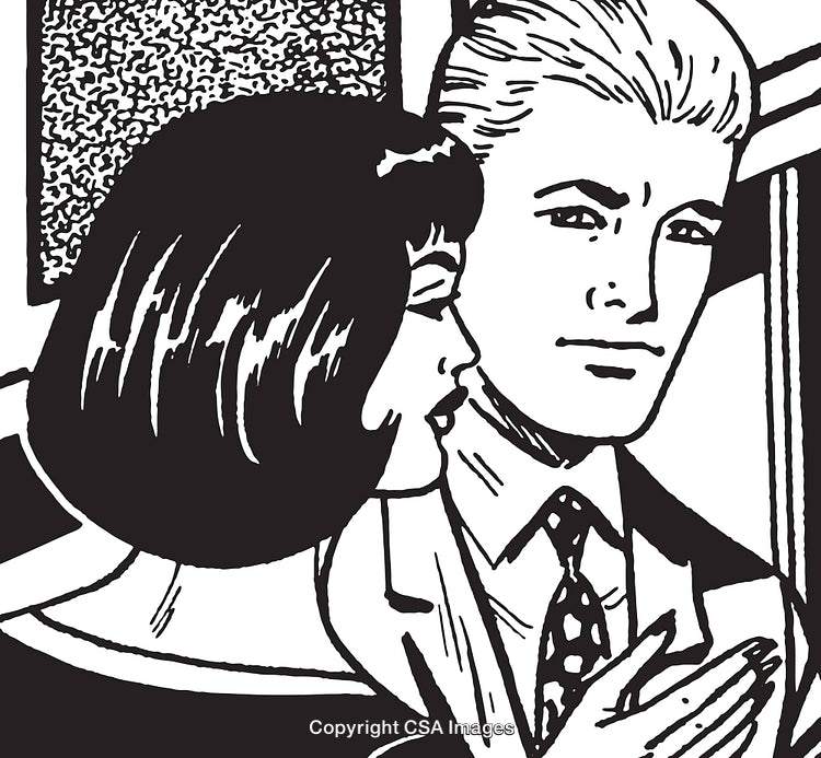 Vintage Black and White Style Illustration Depicting Two People Communicating