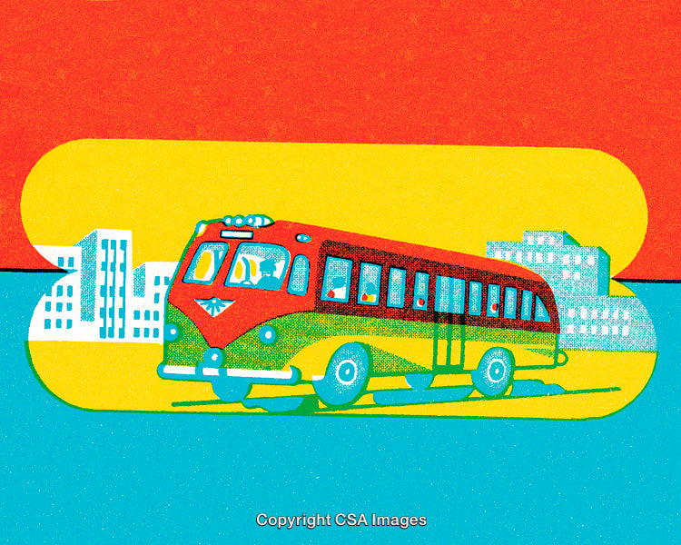 Vibrant Retro Illustration of a Bus Traveling Through an Urban Cityscape
