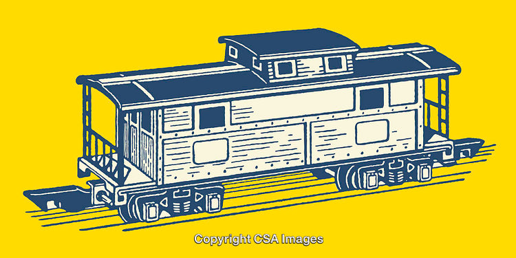 Vintage Train Caboose Line Art in Yellow and Blue Tones