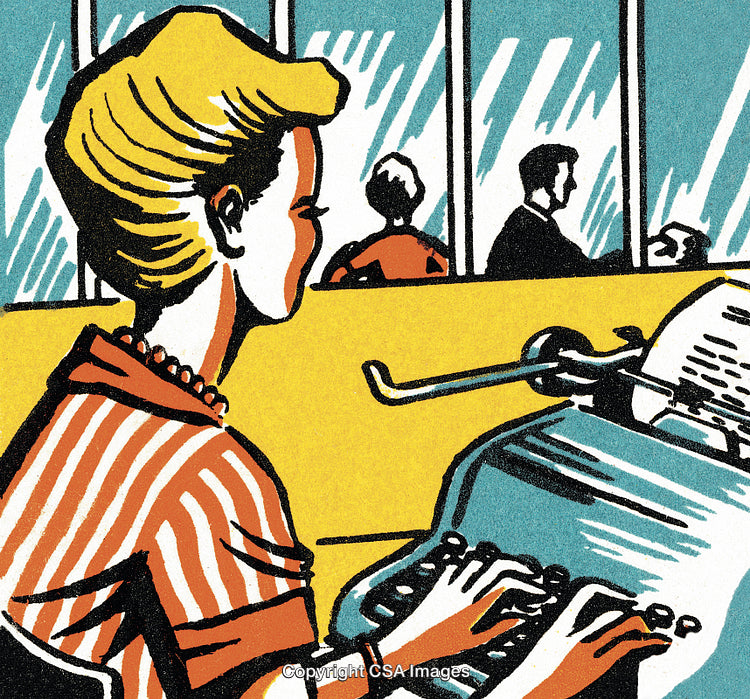 Vintage Illustration of a Typist Using a Typewriter in an Office Setting