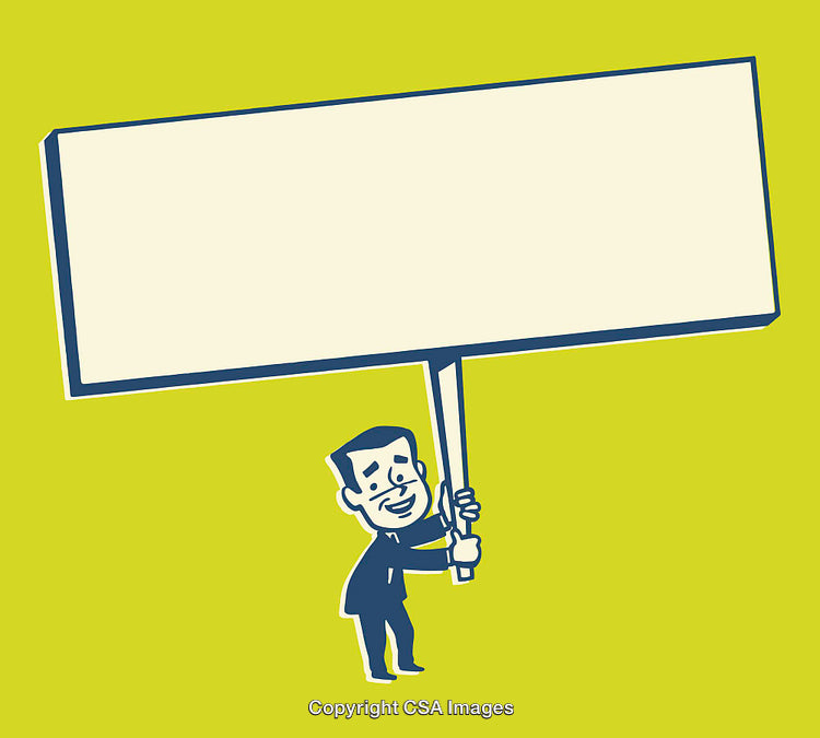 Retro Illustration of a Person Holding a Blank Signboard on Green Background