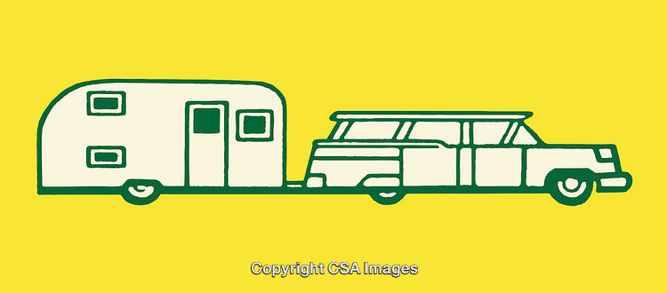 Yellow Retro-Style Illustration of a Car with Attached Caravan