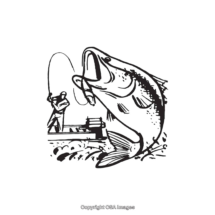 Angler Catching a Large Fish in Black and White Line Art Illustration