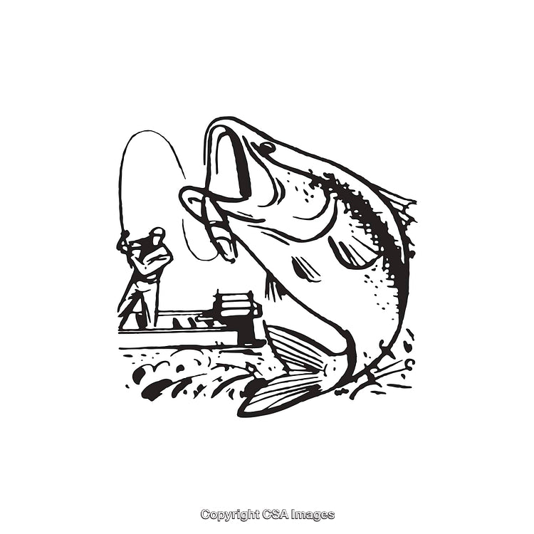 Angler Catching a Large Fish in Black and White Line Art Illustration