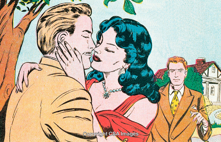 Vintage Comic Style Drama of a Romantic Triangle Love Scene
