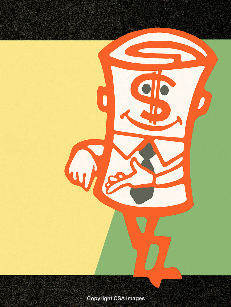 Playful Illustration Featuring Anthropomorphic Dollar Bill Character and Monetary Theme