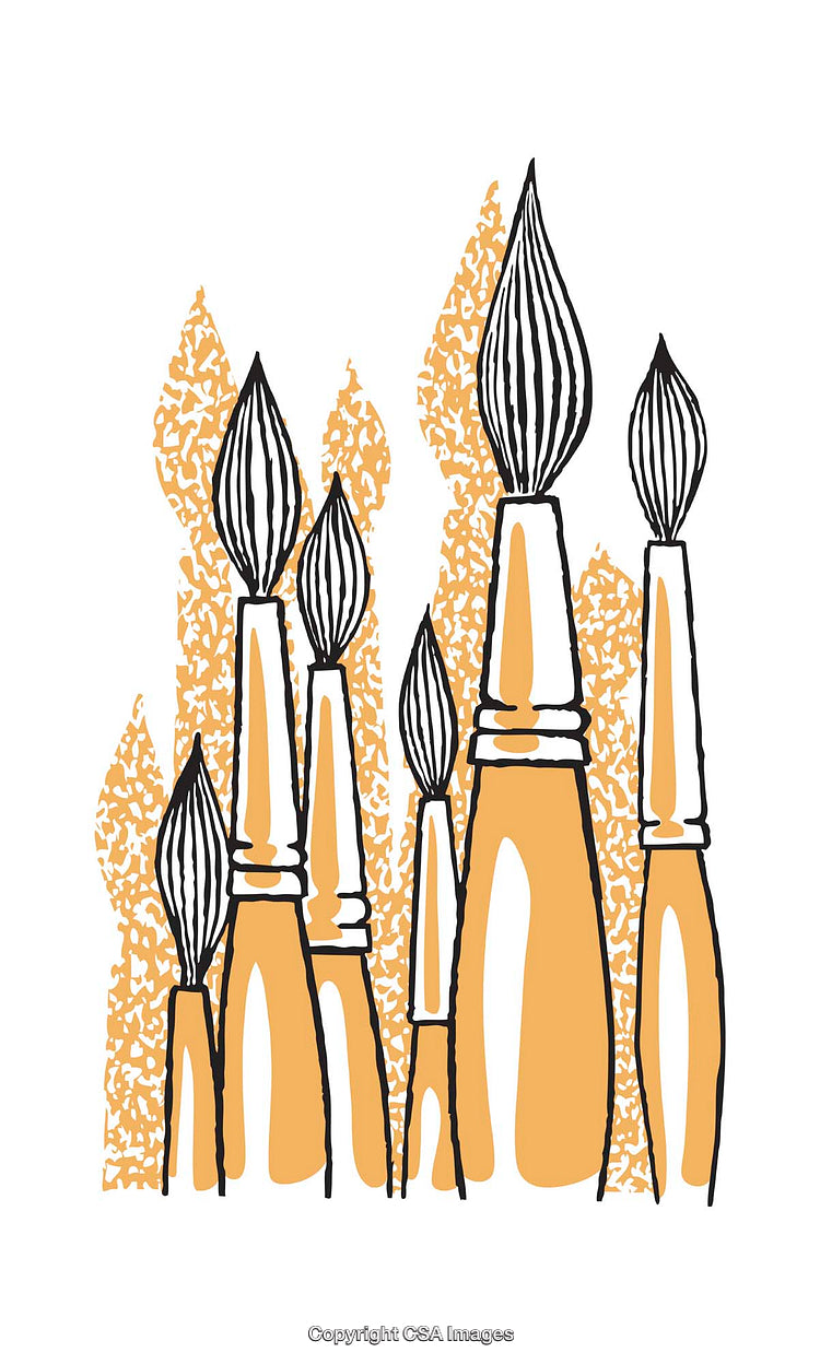 Vibrant Illustration of Artistic Paint Brushes with Abstract Orange Background