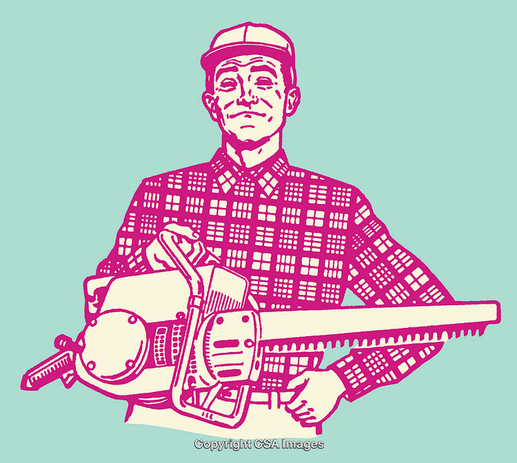 Colorful Line Art Illustration of a Lumberjack Holding a Chainsaw