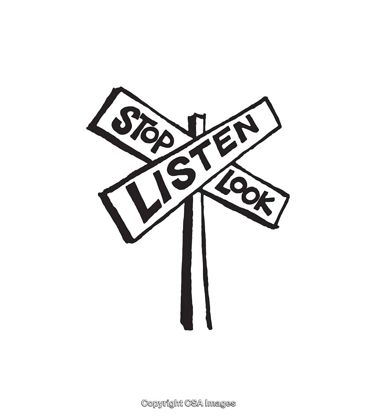 Black and White Line Art Signage with Text Stop Listen Look