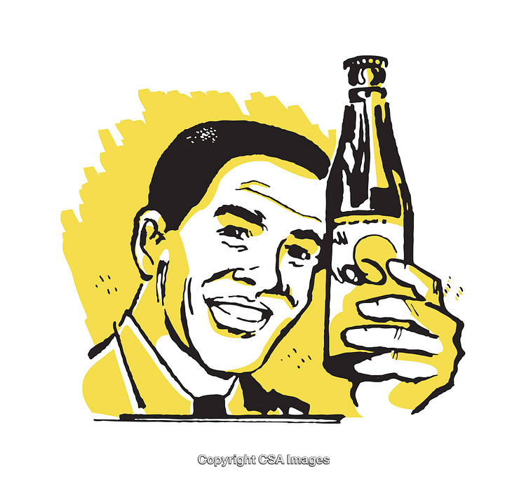 Retro Style Illustration of a Smiling Man Holding a Refreshing Beverage Bottle