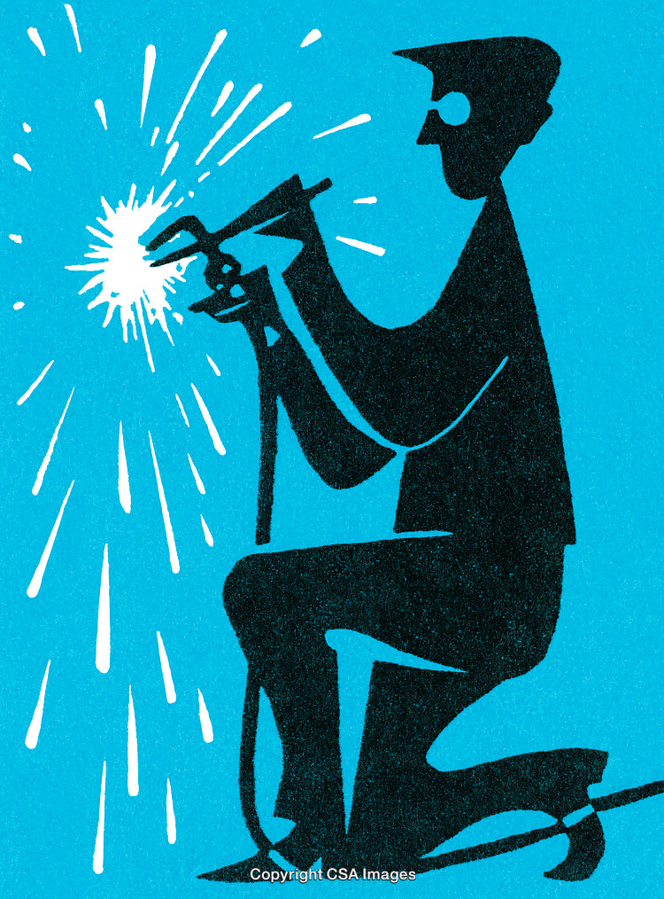 Silhouette of a Welder Against a Bright Blue Background in Colorful Illustration