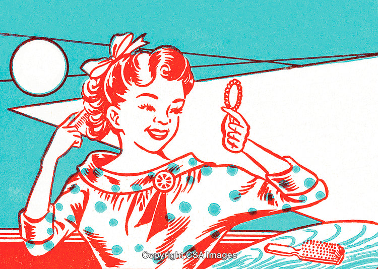Retro Illustration of a Smiling Girl Grooming Her Hair with a Mirror