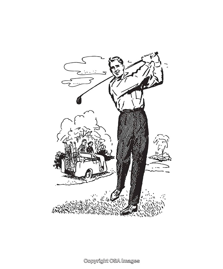 Black and White Line Art of a Golfer Swings Club on Scenic Course