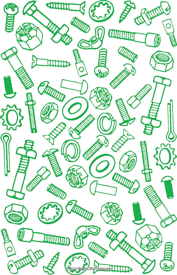 Assorted Green Hardware Components Displayed in a Random Graphic Pattern