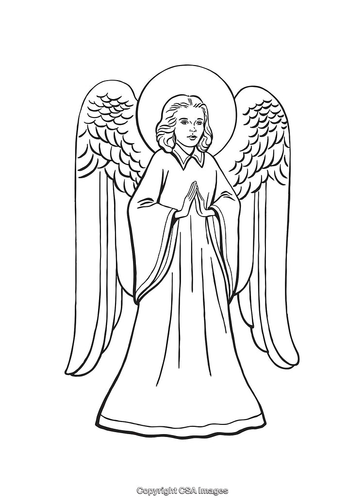 Elegant Black and White Angel Line Art with Spread Wings and Praying Hands