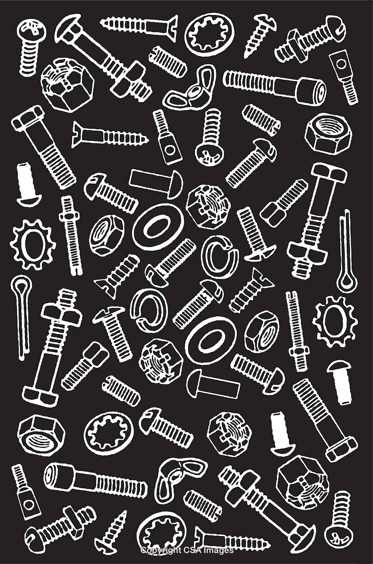 Black and White Pattern Featuring Hand-Drawn Screws, Bolts, and Nuts