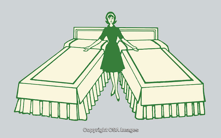 Vintage Line Art of Woman Standing Between Two Beds