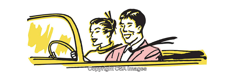 Retro Illustration of a Smiling Couple Driving in a Yellow Convertible