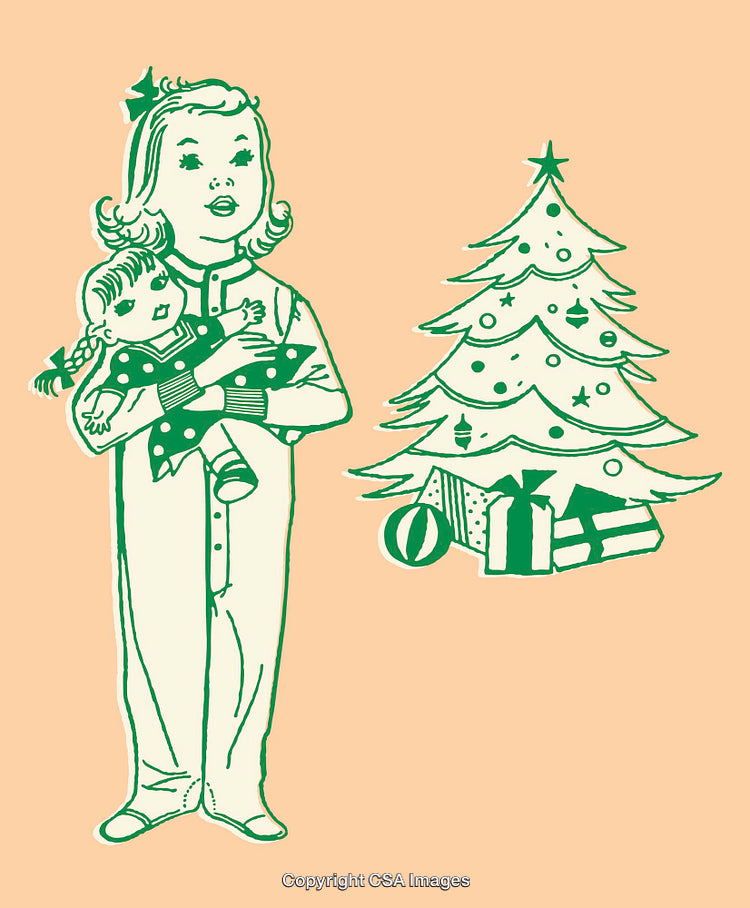 Christmas Illustration of Girl with Doll and Decorated Tree with Gifts