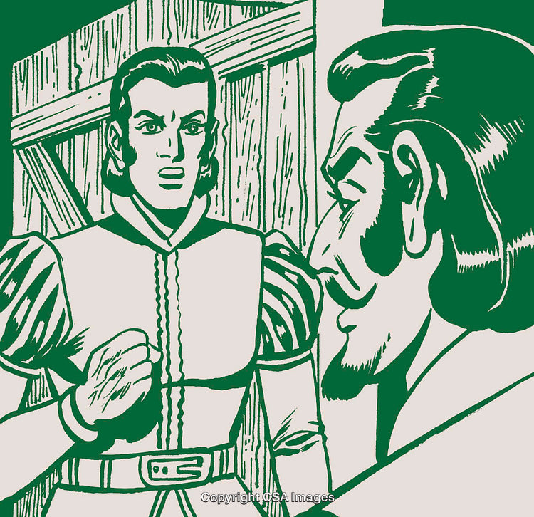 Vintage Scene Illustrating Male Figures in a Theatrical Dramatic Interaction