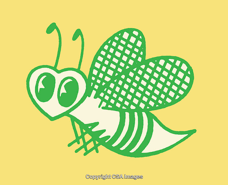 Vibrant Green Bee Illustration on Yellow Background with Playful Design