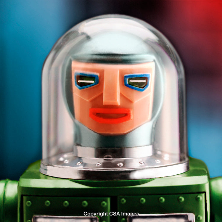 Close-Up of a Vintage Robot Toy with Bright Retro Design