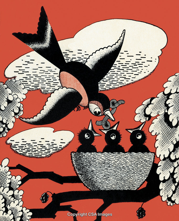Vibrant Illustration of a Bird Feeding Its Chicks in a Nest