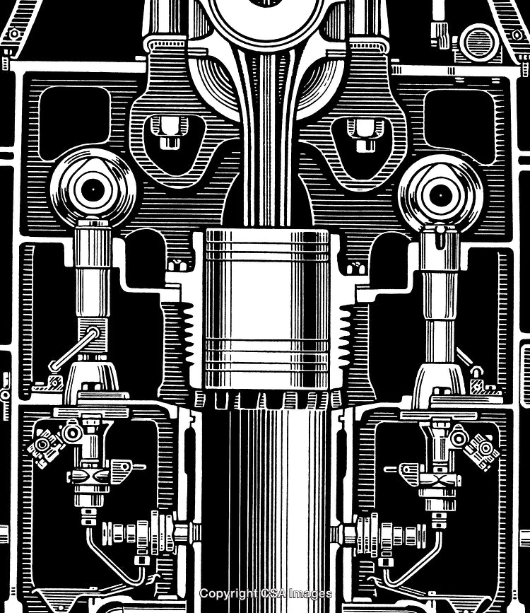 Detailed Black and White Technical Illustration of Engine Mechanics