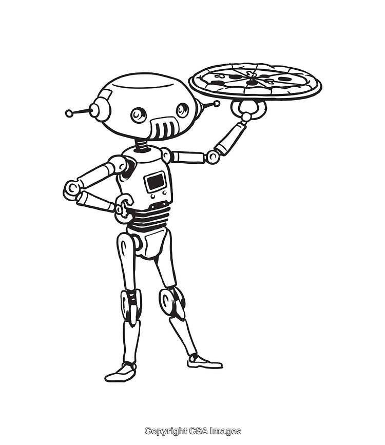 Illustration of a Robot Carrying a Pizza in Line Art Style