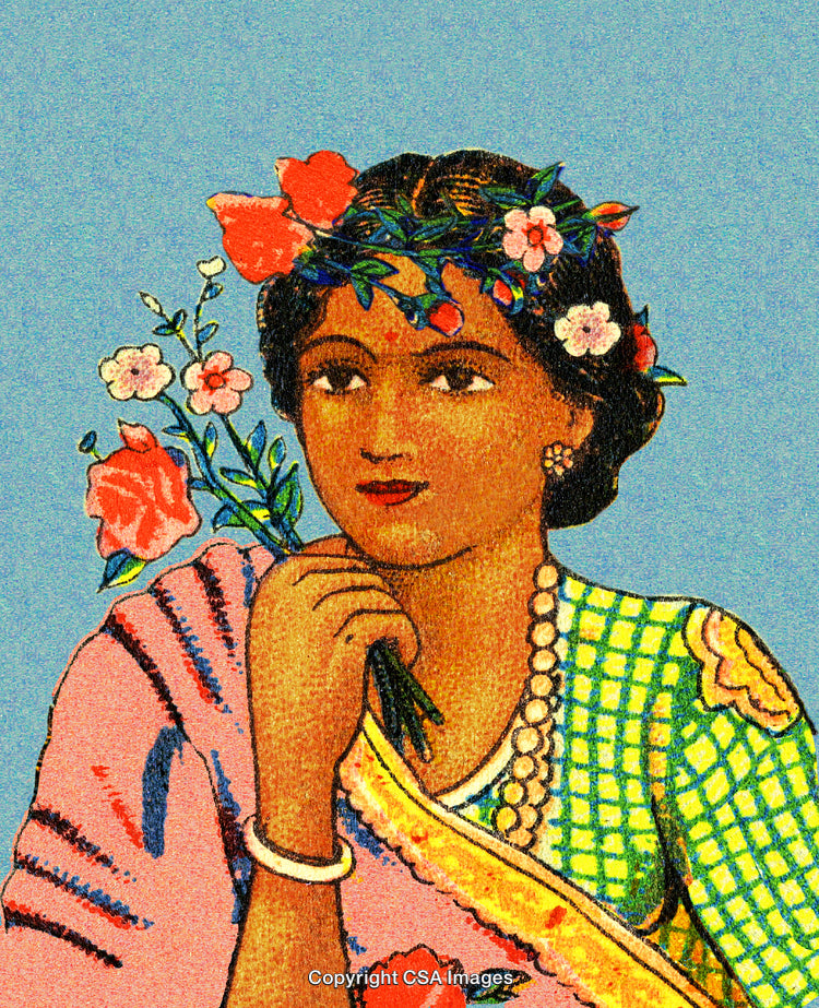 Vintage Portrait of a Woman With Flowers and Traditional Attire